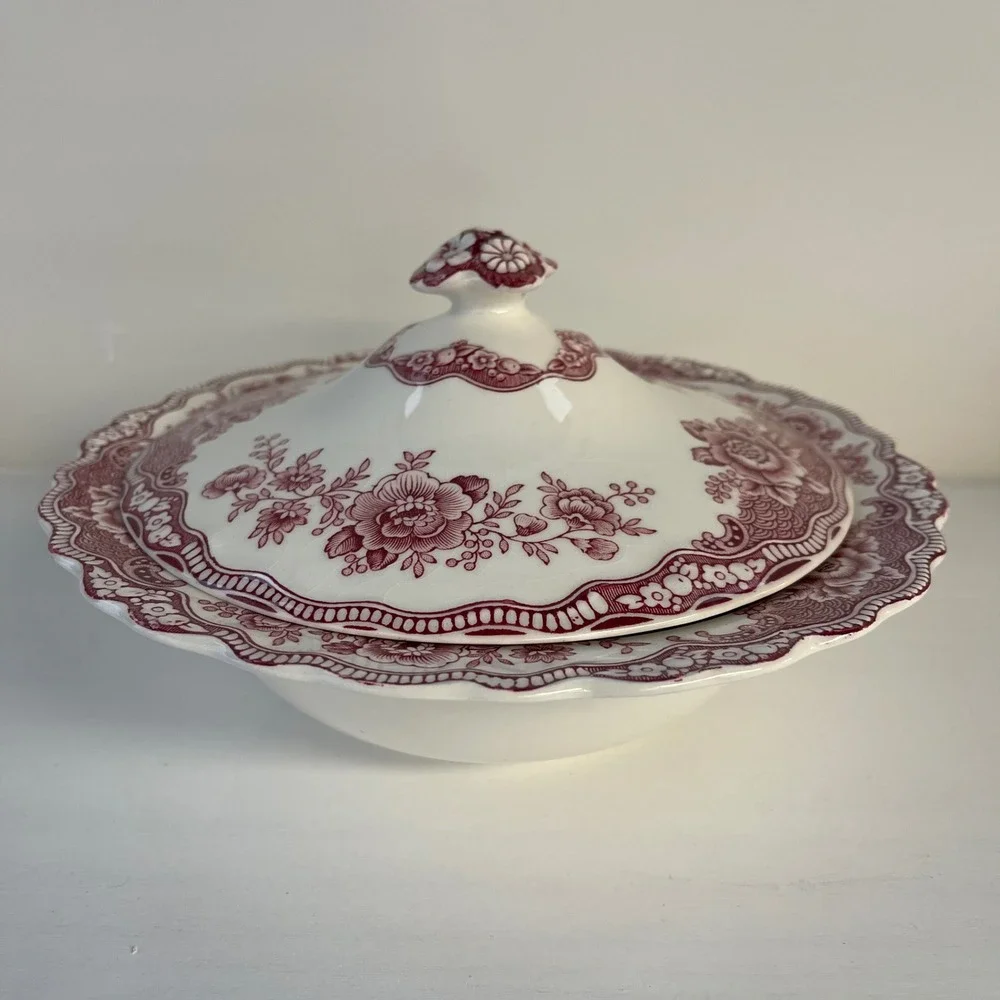 Crown‎ Ducal Bristol Pink Red Transferware Covered Tureen Serving Bowl England